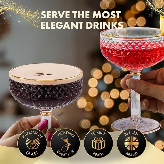 VEMACITY - Embossed Espresso Martini Glasses Set of 2 (10oz) - Gold Rim Coupe Glasses for Cocktails, Champagne & Margaritas - Vintage Art Deco Design | Ideal for Martinis and Margaritas