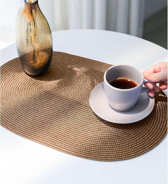 FunWheat Oval Braided Placemats Set of 4 Table Mats for Dining Tables Washable Heat Resistant Place Mats for Indoor Outdoor Use 12 x18 Inch(Oval Light Brown, 4pcs)