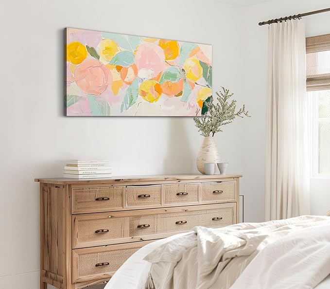 ADJUVANT Wall Art Impressionist Colorful Floral 48"L x 24"W, Bright Blooms With Pastel Leaves Canvas Painting Lively Petals Artwork Prints Floral Wall Decor for Living Room Bedroom Dining Room Home Office