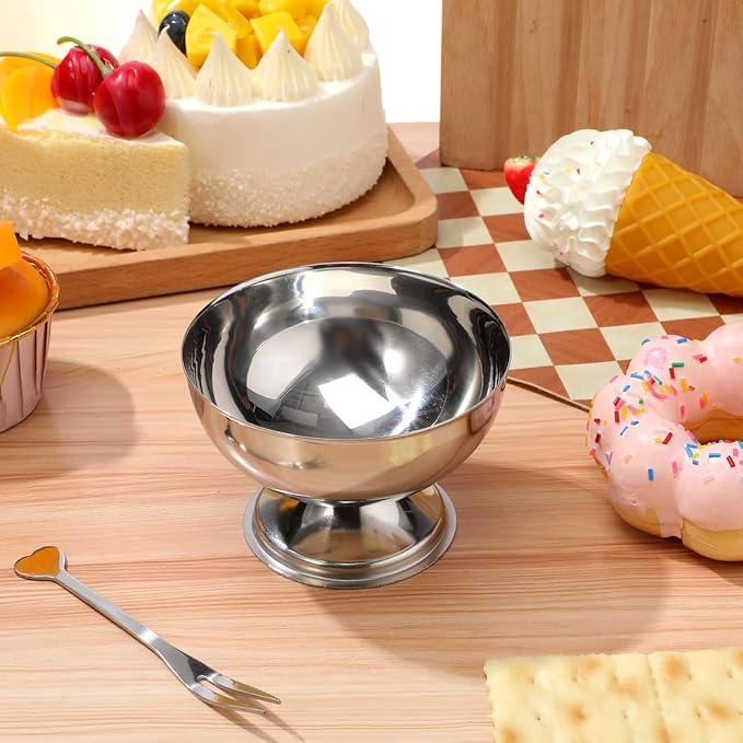 Totority Stainless Steel Ice Cream Bowls 4 Set – Footed Dessert Cups for Sundae, Yogurt, Pudding, Fruit Salad, Snacks Stackable Serving Dishes for Home Parties Restaurants with Modern Polished Look
