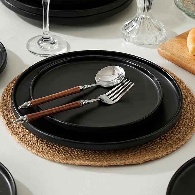 Stoneware Dinner Plates Set of 4, 10.25 Inch Plates for Steak, Pasta, Ceramic Plates Sets, Microwave Safe, Dishwasher Safe, Versatile for All Seasons, Matte Black