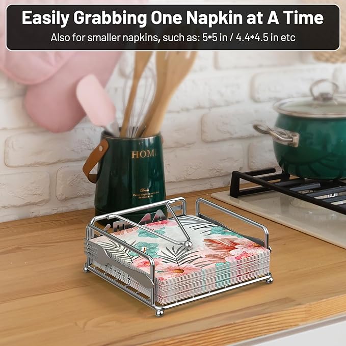 Napkin Holder for Table, Flat Napkin Dispenser with Weighted Arm, Square Cocktail Paper Holder of Elegant Rustic Iron for Kitchen Dining Room Decor Restaurant Farmhouse Hotel Party, Silver