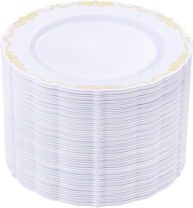 DaYammi 60PCS White and Gold Plastic Plates, Gold Rim Plates Disposable Heavy Duty Disposable Plate Premium 10inch White Dinner Plate Hard Plastic Platos for Party Wedding Bridal Shower
