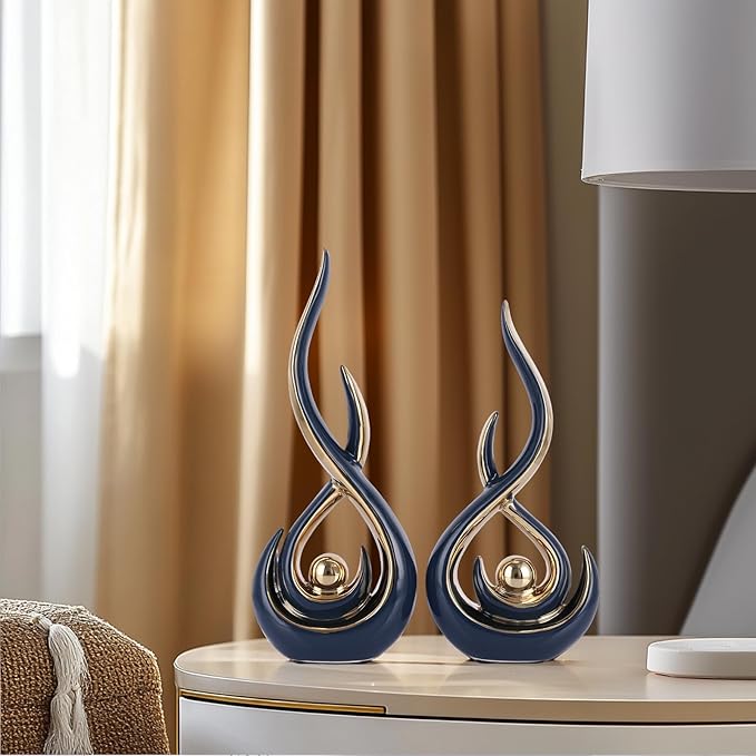 Ceramic Abstract 2 Piece Statue Set, Blue and Gold Home Decor Accents for Home Decor Statue Mantel Shelf Decor Unique Shelf Decor on Mantel, TV Cabinet Divider Table Top and Dining Table Centerpiece.