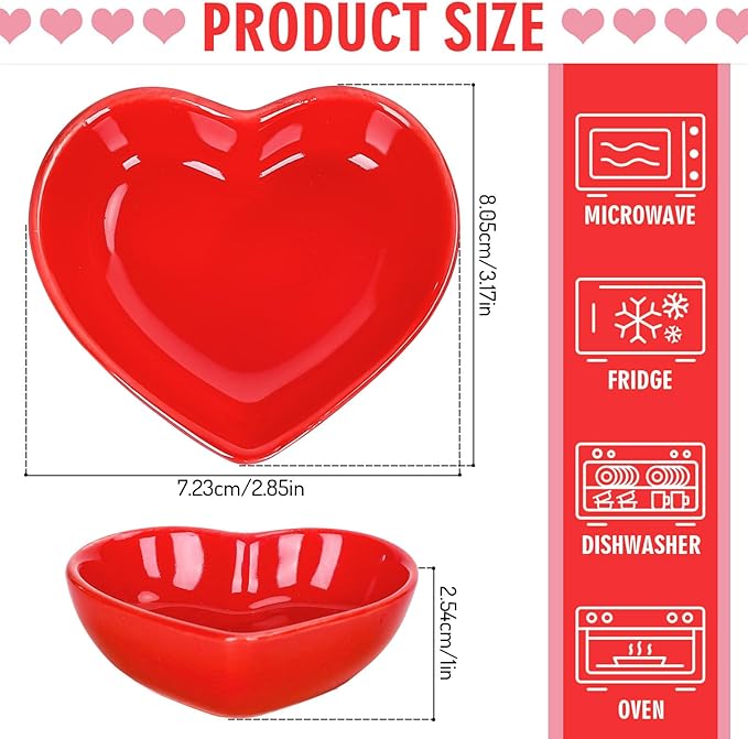 Whaline 4Pcs Heart Shape Sauce Dish Ceramic Side Dish Bowl Red Pink Jewelry Ring Dish Tray for Home Kitchen Xmas Wedding Valentine's Day Anniversary Birthday Party Decor