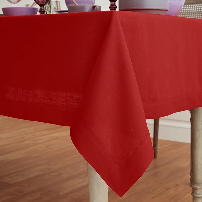 Solino Home Linen Red Tablecloth 60 x 108 Inch - 100% Pure Linen Rectangular Tablecloth - Machine Washable Table Cloth for Valentines, Winter - Fete