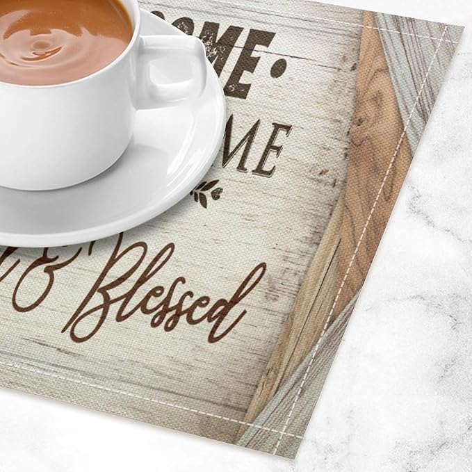 Vintage Farmhouse Placemat Set, Beige White Rustic Wooden Plank Patchwork Welcome Home Letter Inspirational Quotes Pattern Home Decor Linen Table Mats for Dining Room Kitchen Party (17x12in) x6P