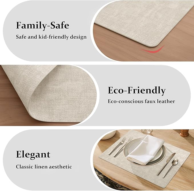 FROMHEART Faux Leather Placemats Set of 12–Waterproof,Heat/Oil Stain-Resistant PU Table Mat–Reversible,Non-Slip,Easy to Clean Place Mats for Kitchen,Dining,Indoor/Outdoor,(Beige,11.8" x 17")