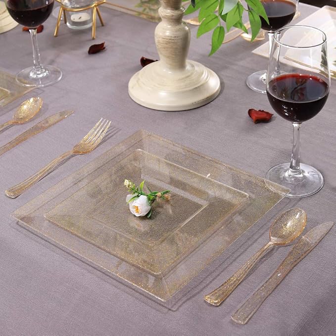 Liacere 60Pieces Gold Glitter Plastic Plates - Premium Square Disposable - Include 30PCS 9.5inch Gold Dinner - 30PCS 7inch Gold Dessert/Salad Plates for Party&Wedding&Christmas