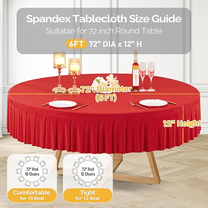 8 Pack Red Spandex Round Tablecloths for 72in Table, Stretchy Fitted 6FT Round Table Cloths, Wrinkle Free Table Cover with Skirt for Wedding Birthday Party Bridal Shower Banquet