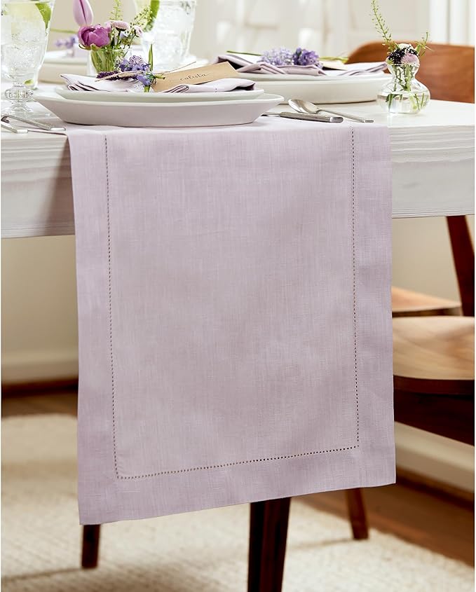 Solino Home Linen Table Runner 36 Inches - 100% Pure Linen Lilac Hemstitch Table Runner 14 x 36 Inch Ideal for Dresser and Coffee Tables, Valentines, Spring, Easter - Classic Hemstitch