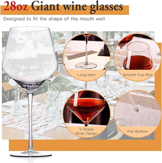 Large Red Wine glasses set of 4-28oz Extra Wine Glasses set of 4 with stem-Hand Blown Crystal Big Red Wine Glasses-Light,Thin,Large Cabernet Sauvignon Glasses