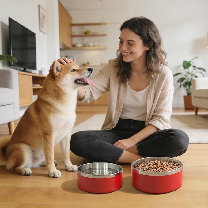 IKITCHEN Dog Bowl for Food and Water, 40 Oz Stainless Steel Pet Feeding Bowl, Durable Non-Skid Double Wall Insulated Heavy Duty with Rubber Bottom for Medium Large Dogs (40 Ounces/5 Cup, Red)