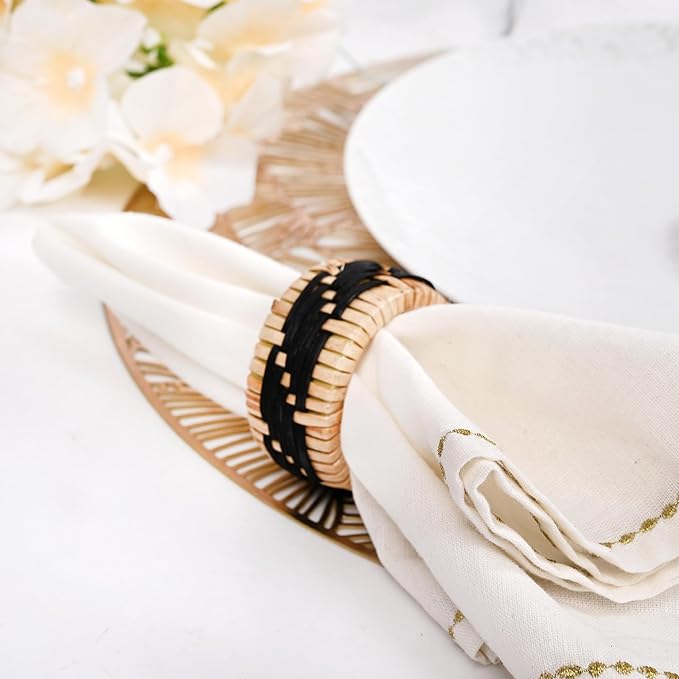ALPHA Living HOME 12-Pack Black Natural Rattan Napkin Rings – Elegant Woven Serviette Holders for Weddings, Parties & Everyday Dining Decor