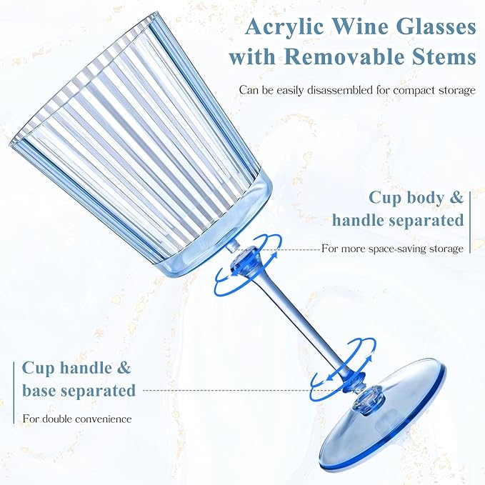 48 PCS Blue Ribbed Plastic Wine Glasses 13.5 OZ Ribbed Wine Glasses Detachable Wine Glass Elegant Fluted Glassware Vintage Style for Wedding Anniversary Birthday Dinner Parties(Blue, 48 Pack)