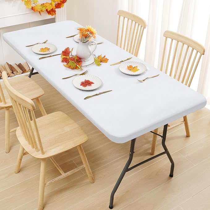 Smiry Rectangle Tablecloth, Elastic Fitted Flannel Backed Vinyl Tablecloths for 8ft Folding Tables, Waterproof Wipeable Table Covers for Indoor, Outdoor, Picnic and Camping (White, 36"x96")