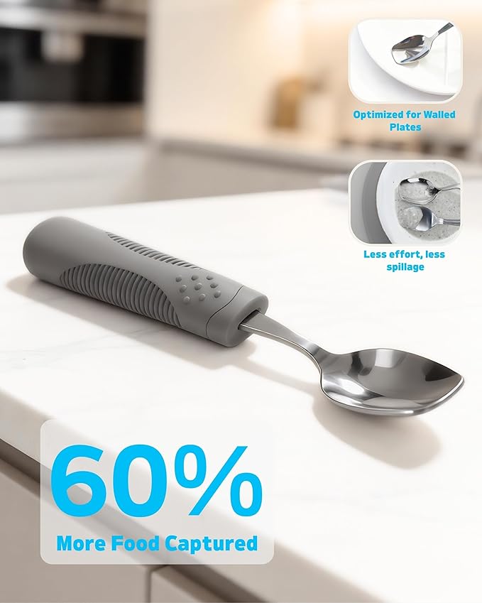 5 oz Weighted Adaptive Utensils Set with Rocker Knife - Balanced Weighted Silverware for Parkinson's Disease, Moderate Hand Tremors & Essential Tremor, Ergonomic Grip Handles (Grey)
