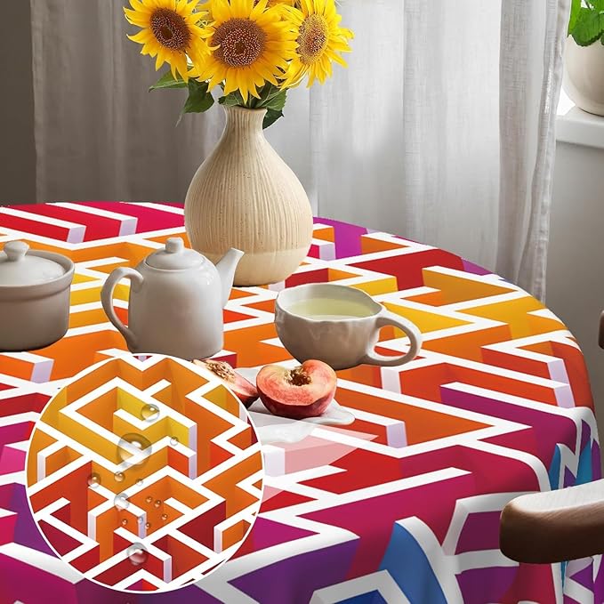 Laeacco 60 Inch Maze Round Tablecloth Colorful Labyrinth Texture Modern Geometric Abstract Art Print Table Cloth Washable Waterproof Wrinkle Free Table Cover for Kitchen Dining Picnic Party Decor