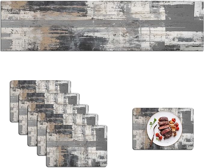 Mcalk Grey Table Runner and Placemats Set of 6, Abstract Black Placemats, Modern Cloth Place Mats Indoor for Kitchen,Washable Linen Material for Dining Table