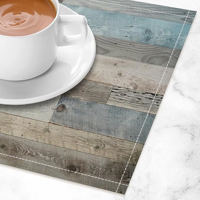 Rustic Plank Placemat Set, Vintage Old Shabby Colorful Beige Brown Blue Farmhouse Barn Wooden Board Pattern Home Decor Linen Table Mats for Dining Room Kitchen Party (17x12in) x6P