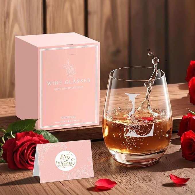 Valentines Day Gifts for Her, Gifts for Women Her Friend Mom Grandma Wife Sister Bridesmaid Nurse, Birthday Galentines Mothers Day Christmas, Personalized Initial Customized Wine Glasses 18OZ(L)