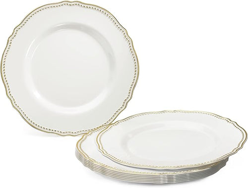 " OCCASIONS " 50 Plates Pack (25 Guests)-Heavyweight Wedding Party Disposable Plastic Plate Set -25 x 10.25'' Dinner + 25 x 7.5'' Salad/dessert plates (Rochelle White and Gold)