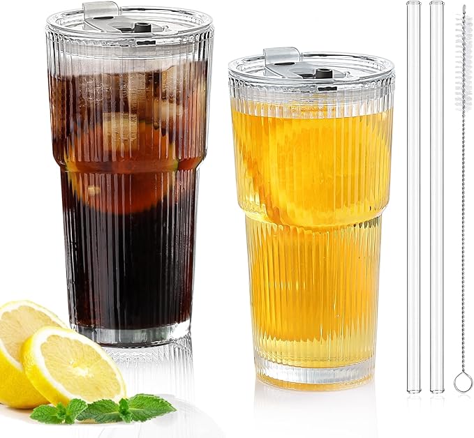 Glass Cups with Lids and Straws - 18oz Glass Tumbler with Straw and Lid, Premium Coffee Cups for Tea, Iced Coffee, Smoothie，Ideal Gift for Home, Office, Coffee Shop Use, 2 Pack