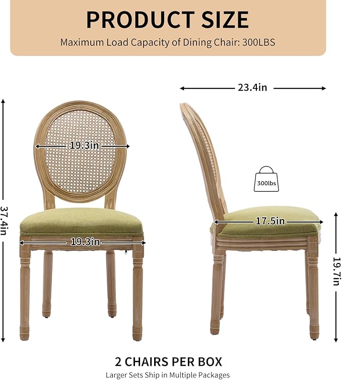 Vintage French Rattan Dining Chairs Set of 2, Round Back Accent Chairs with Rattan Backrest and Upholstered Linen Seat, Solid Frame Wood Sillas de Comedor for Dining Room & Kitchen, Olive Green