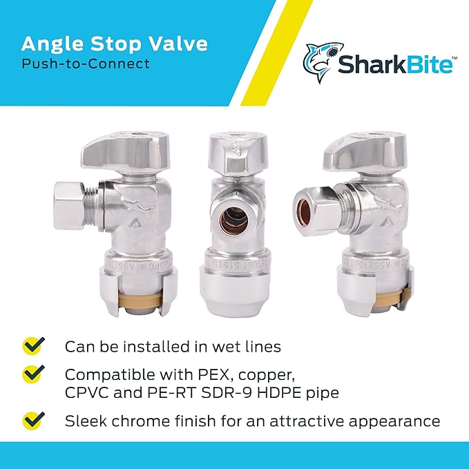 SharkBite 23036-0000LF Brass Push Angle Stop, 1/2 in. x 3/8 in. Compression, Chrome