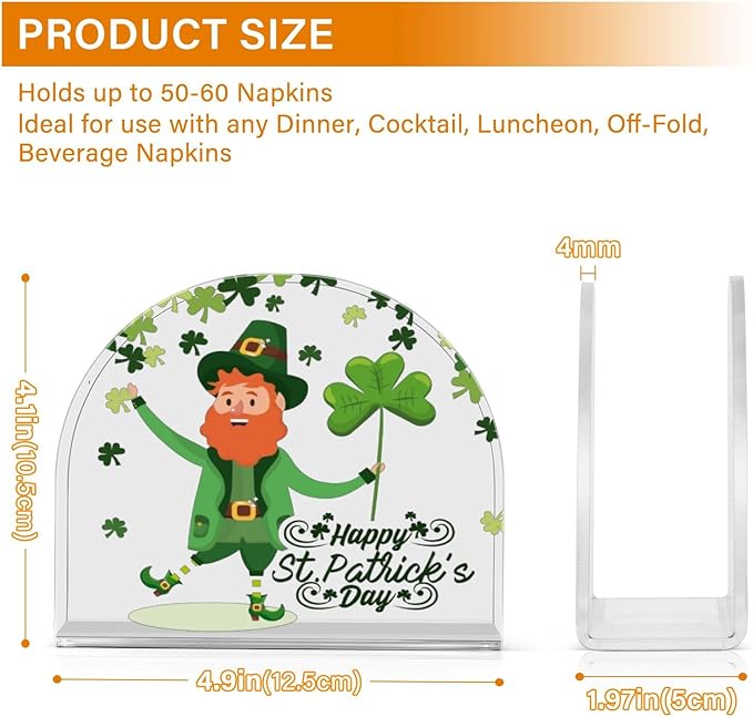 Napkin Holder Happy St Patrick's Day Green Shamrocks Crystal Clear Acrylic Napkin Holders Paper Napkin Holder Dining Table Dispenser for Kitchen Restaurant Home Decor Bar Accessories