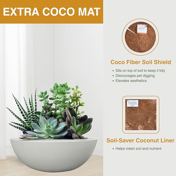 7.7" H x 22" D Round Bowl Fiberstone Planter for Succulent and Lotus with Drainage Hole, Smooth Finishes, Weather Resistant, Included 2 Extra Coco Mats (Light Gray, 19.9" Pot Opening)