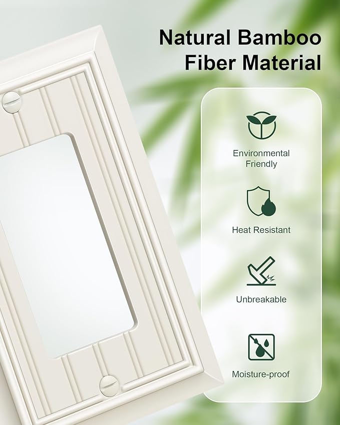 4-Pack Classic Beadboard Decorator Wall Plate Cover, Light Almond Decorative Switch Plates and Outlet Covers, Durable Natural Bamboo Fiber Wall Plates for Electrical Outlets, Receptacle, GFCI Outlet
