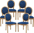 Vintage French Dining Chairs Set of 6, Round Back Velvet Upholstered Accent Chairs with Nailhead Trim and Solid Wood Frame, Elegant Sillas de Comedor for Dining Room & Kitchen, Blue