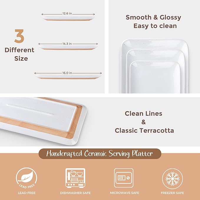 AmorArc Ceramic Serving Platter,Rectangular 16"/14.3"/12.6" inch Serving Dishes for Party Entertaining,Stoneware Serving Trays for Turkey,Salad,Microwave&Dishwasher Safe-Set of 3-White