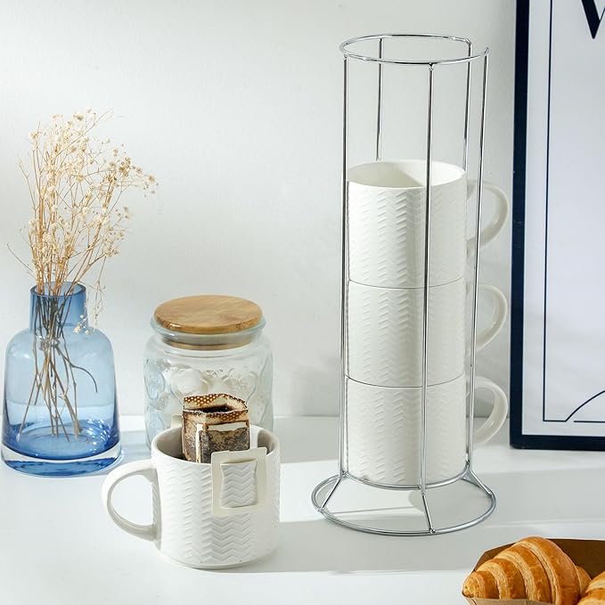 HASENSE Coffee Mugs 12 OZ Ceramic Cups Set of 4, Stackable Embossed Coffee Cups with Rack, Porcelain Coffee Cups for Latte, Cappuccino, Mocha, Cocoa, Americano, Hot Tea and Milk, White