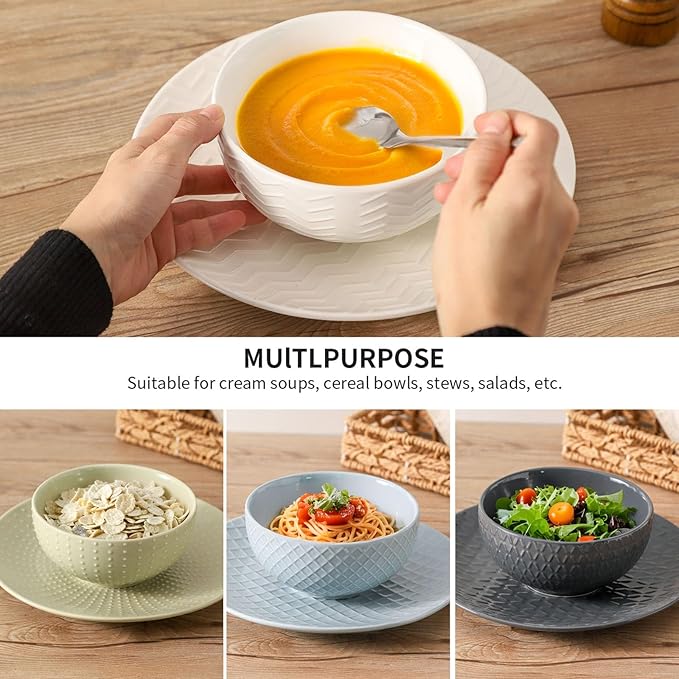 HASENSE Ceramic Cereal Bowls Set of 4, 26 OZ Soup Bowls, Embossed Stoneware Porcelain Bowls for Cereal, Soup, Oatmeal, Salad, Noodles & Rice, Microwave & Dishwasher Safe, Multi-Color