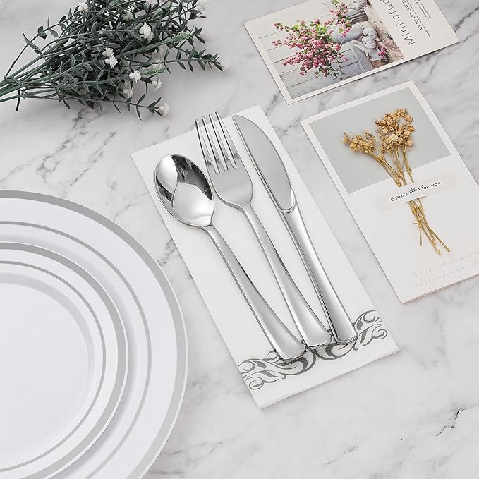 BESTVIP 350 PCS Silver Dinnerware Set for 50 Guests, Plastic Dinnerware Set for Party, Wedding, Christmas, Halloween, Include: 100 Plastic Plates, 50 Silver Silverware, 50 Cups, 50 Paper Napkins
