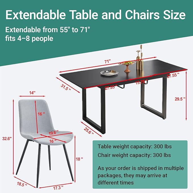 Extendable Dining Table Set for 4, 55"–71" Modern Black Kitchen Table with 4 Upholstered Chairs, Space-Saving for Living Room Apartment, Sturdy & Comfortable, Easy Assembly