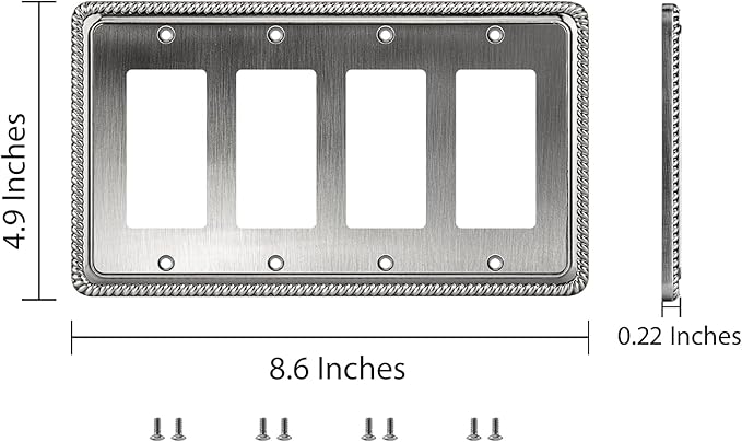 Henne Bery Rope Edge Decorative Wall Plate Switch Plate Outlet Cover (Quad Decorator, Heirloom Silver)