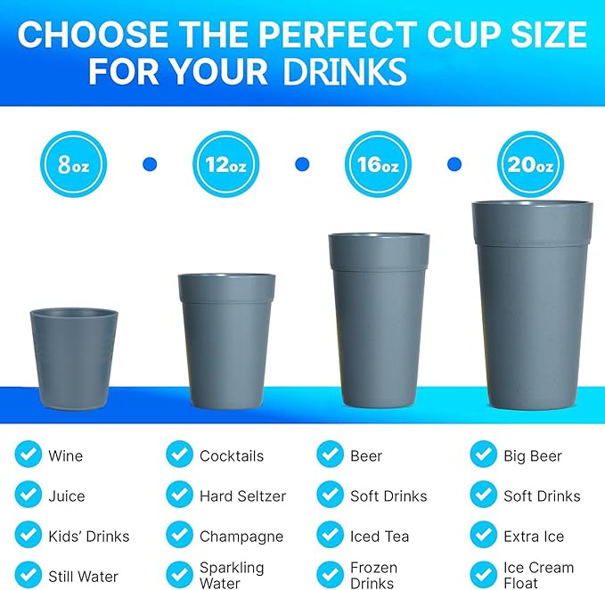 Homestockplus 12 Oz Plastic Cups Reusable, Set of 8 Wheat Straw Drinking Cups, Microwave and Dishwasher Safe Unbreakable Water Cups for Kitchen, Home, Office, and Outdoor Use