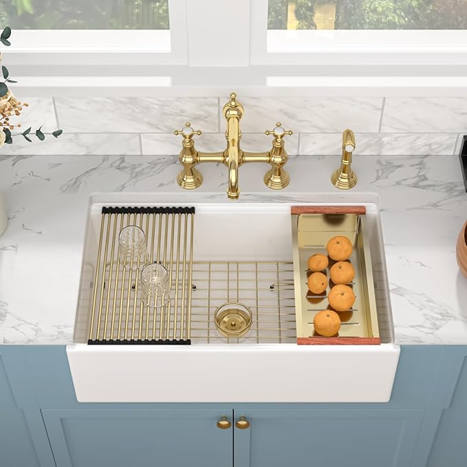 Sarlai 33 White Farmhouse Kitchen Sink - 33x20 Inch Undermount Kitchen Sink Workstation Apron Front Ceramic Fireclay Single Bowl Farmer Sinks Basin With Gold Accessories