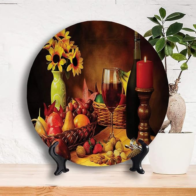 Decorative Plates, Winery Print Ornament, Still Life Fruits Flowers, 10 Inch, Kitchen Wall Decor, Multicolor