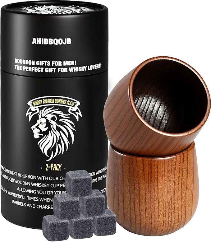 Wooden Bourbon Drinking Glass - Charred Wooden Whiskey Cup - Whiskey Glass for Men - Bourbon Gifts for Men Who Have Everything - Birthday Gifts for Dad Husband Boyfriend or Brother (2 Pack)