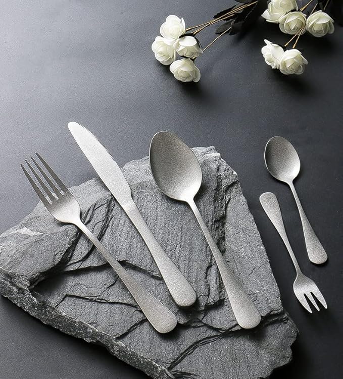 Matte Silverware Set for 12 Stainless Steel Flatware Set Vintage Style Delicate Cutlery Utensils 60 Piece Include Knives Forks and Spoons Tableware Set for Home Kitchen Wedding Restaurant