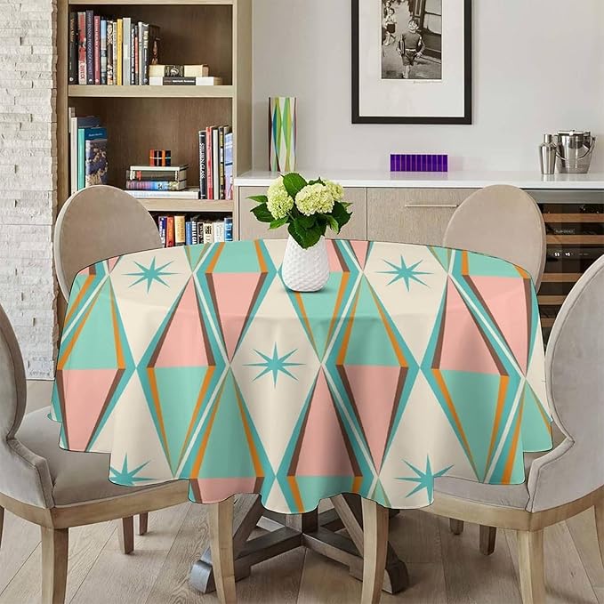 Mid Century Round Tablecloth, Vintage Bohemian Modern Mid-Century 50s 60s Print Tablecloth for Home Party Dining Room Kitchen Decor 50Inch(127cm)