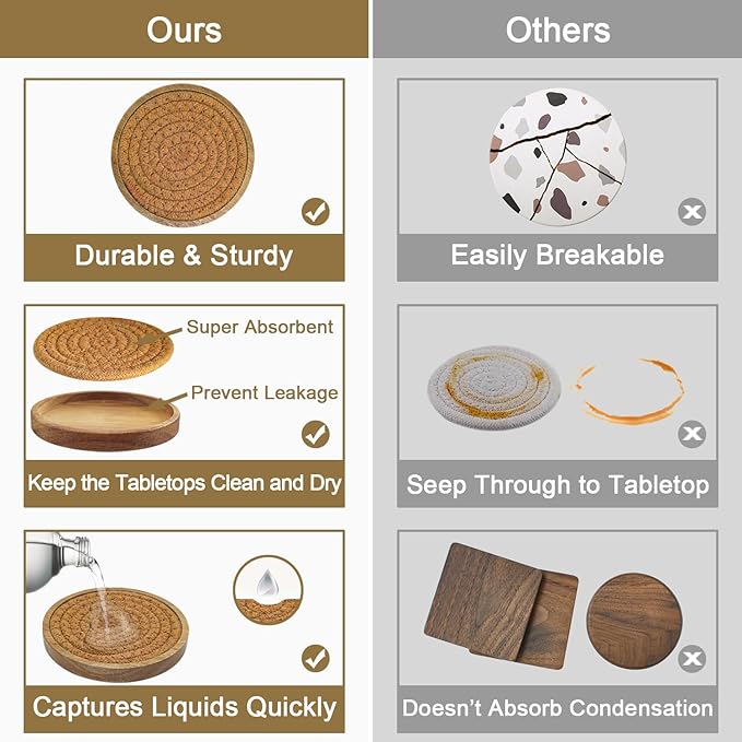 6 Pack Coasters for Drinks Absorbent, 4.3 inches Cork Coasters for Coffee Tables, Wooden Drink Coasters for Table Protection, Cute Coasters for Kitchen, Farmhouse, Bar, and Office (Dark Brown)