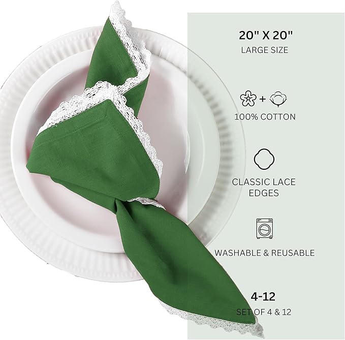 FINGERCRAFT Dinner Cloth Napkin Cotton Blend 4 Pack Vintage Rustic Premium Quality Mitered Corners Napkin Cloth with Elegant Lace for Everyday Use, Pre Shrunk and Good Absorbency 20x20 in Eden Green