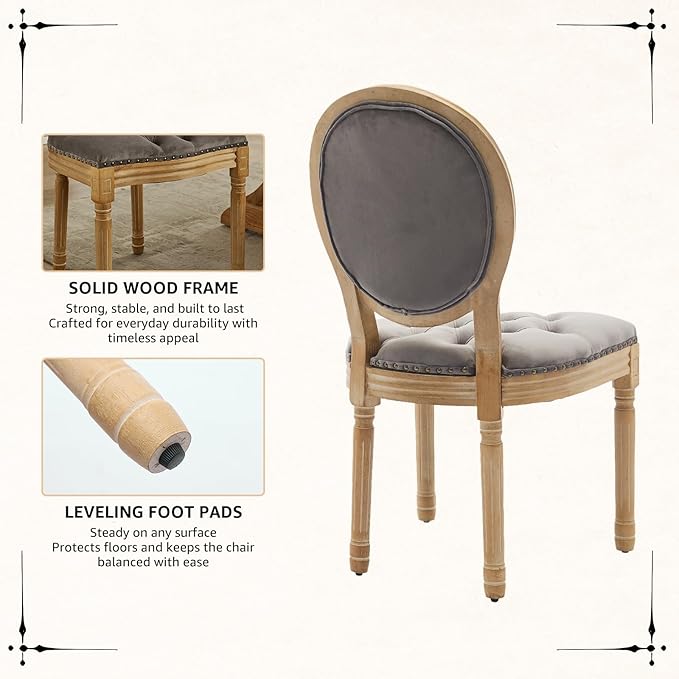 Vintage French Dining Chairs Set of 8, Round Back Velvet Upholstered Accent Chairs with Nailhead Trim and Solid Wood Frame, Elegant Sillas de Comedor for Dining Room & Kitchen, Gray