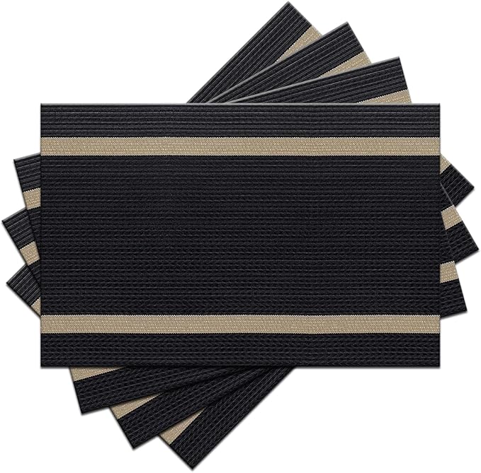 Luxurious Placemats Set of 4, Durable Table Mats Kitchen Plastic Washable Placemats for Home/Dining Room Decoration (Black)