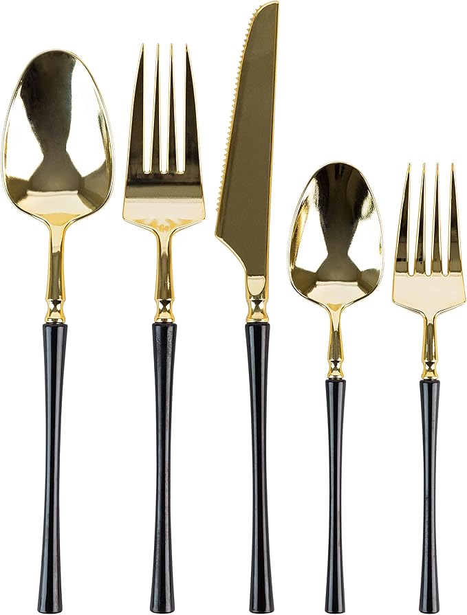PlasticPro 20 Count Gold and Black Plastic Tea Spoons Premium Quality Heavy Duty Disposable Elegant Silverware Two Tone Tea Spoons for Party